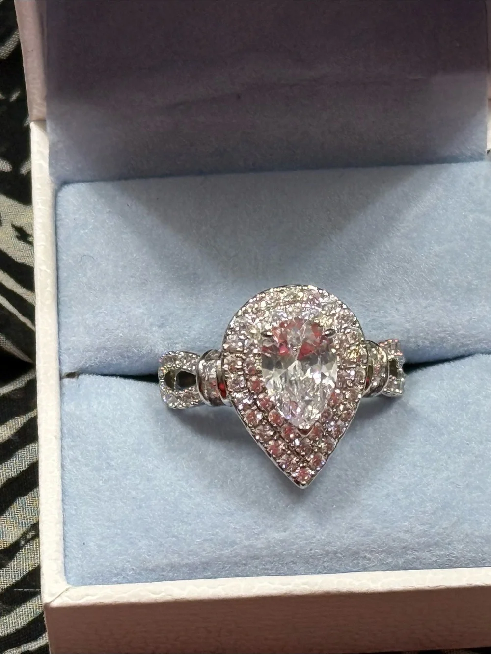 NWT-3CTW Sterling Silver double-halo pear/teardrop moissanite engagement ring